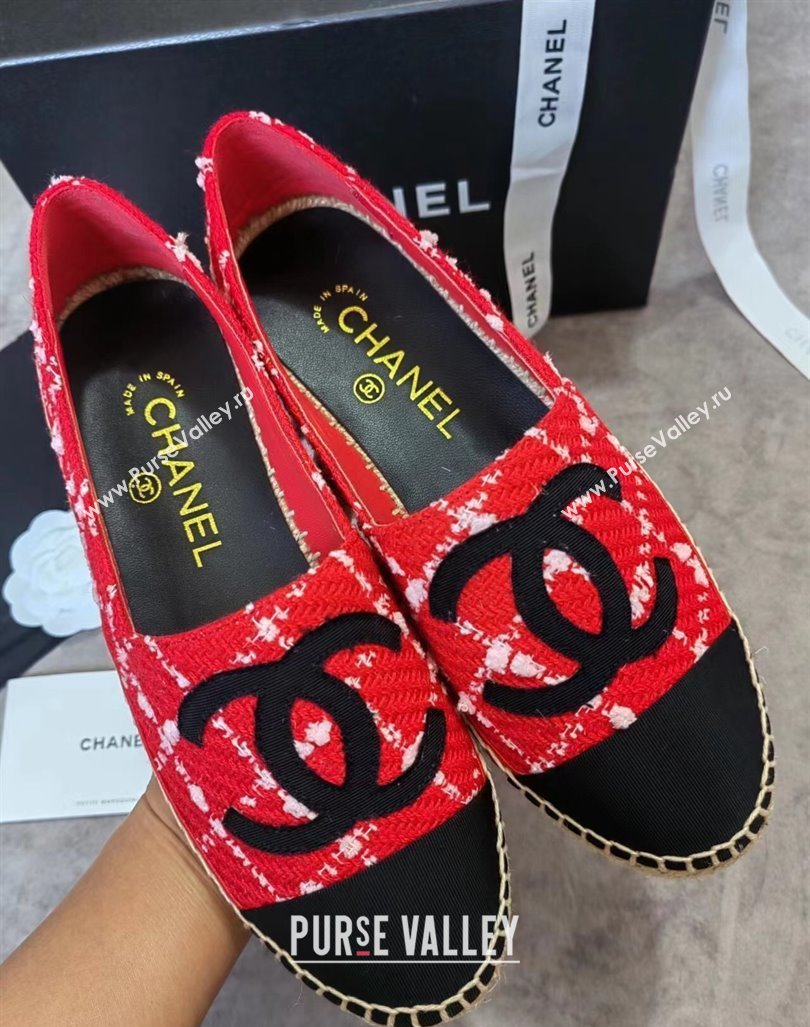 Chanel Tweed Grosgrain Espadrilles Flat Red 2024 081506 (MD-240815126)