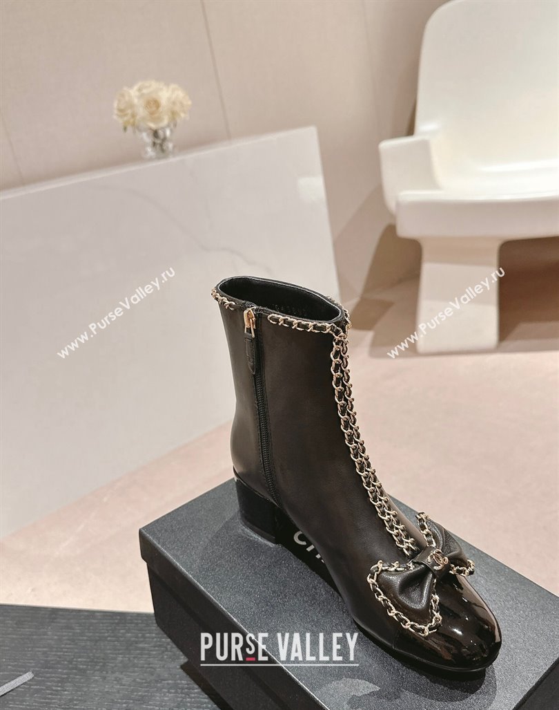 Chanel Calfskin Heel Ankle Boots with Chain and Bow Black 2024 081680 (MD-240816083)