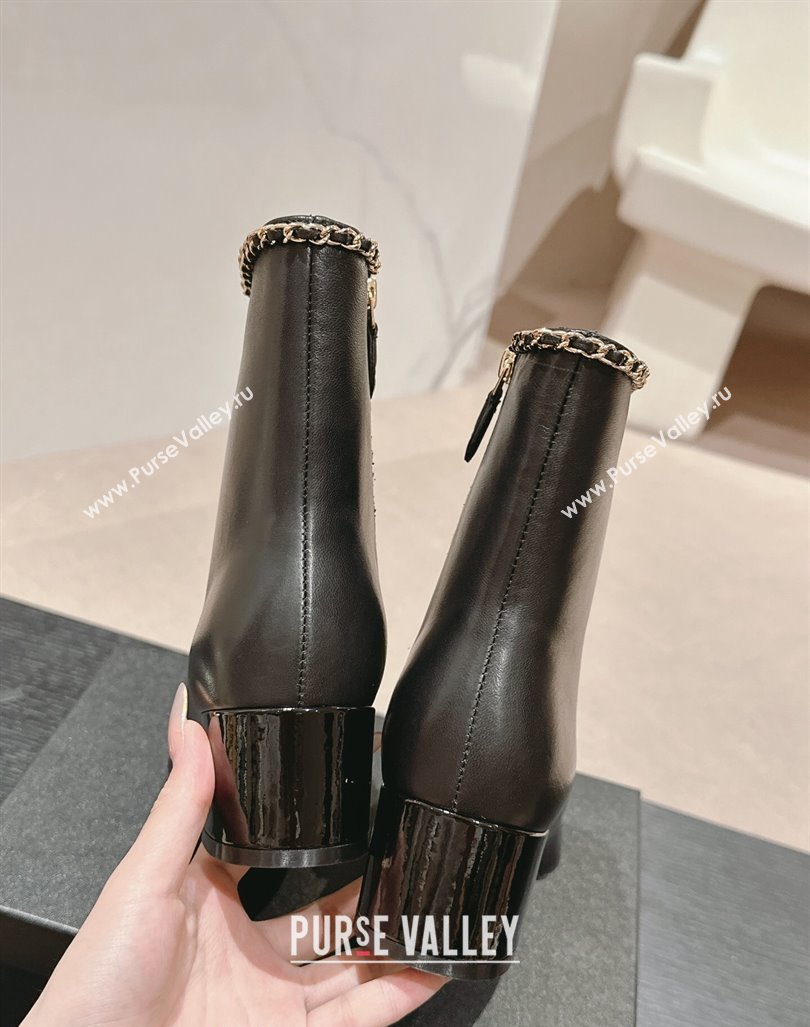 Chanel Calfskin Heel Ankle Boots with Chain and Bow Black 2024 081680 (MD-240816083)