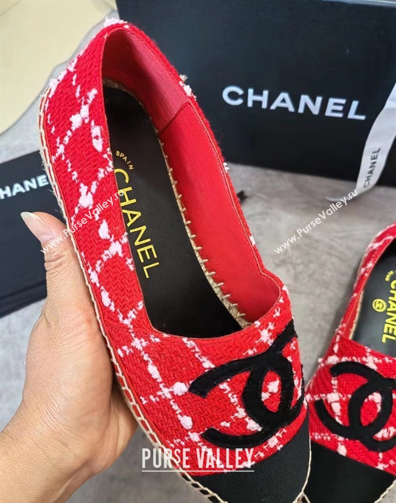 Chanel Tweed Grosgrain Espadrilles Flat Red 2024 081506 (MD-240815126)