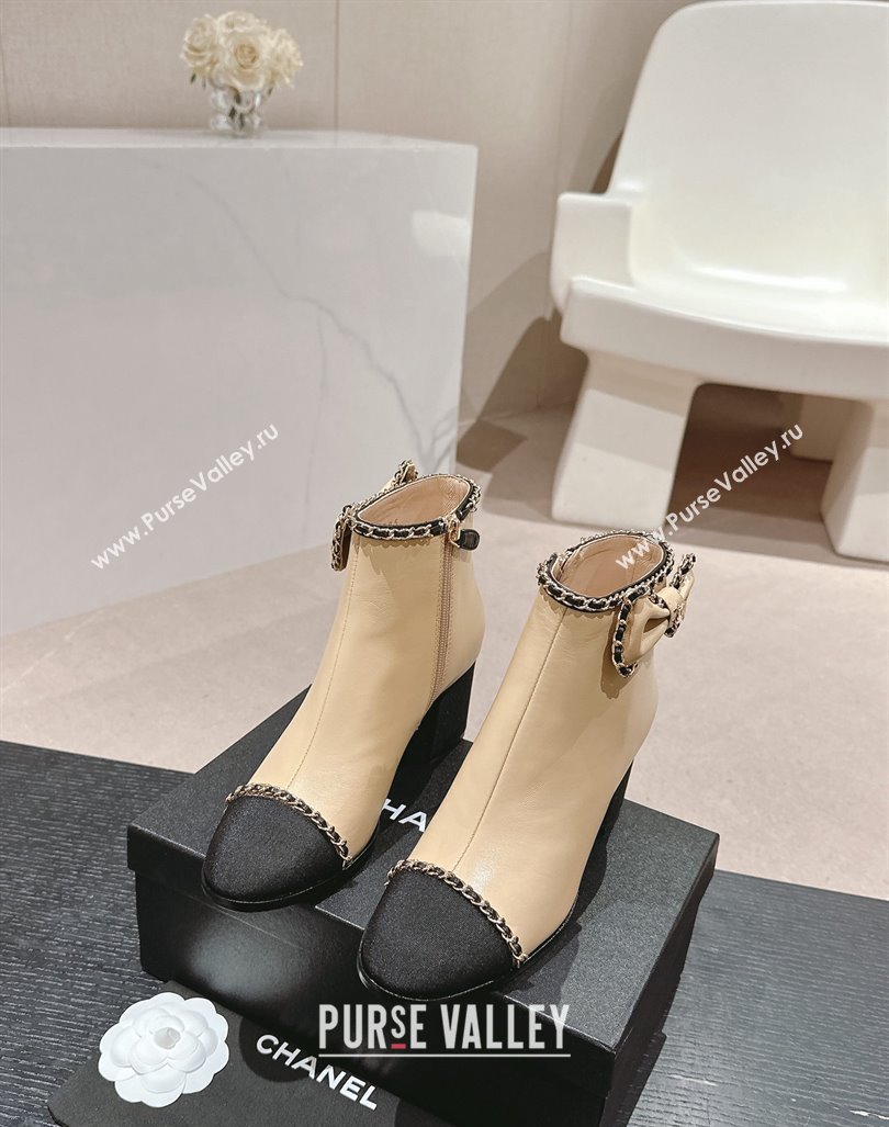 Chanel Calfskin Heel Ankle Boots with Chain and Bow Beige 2024 081684 (MD-240816086)