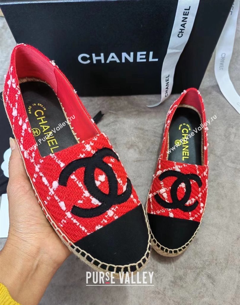 Chanel Tweed Grosgrain Espadrilles Flat Red 2024 081506 (MD-240815126)