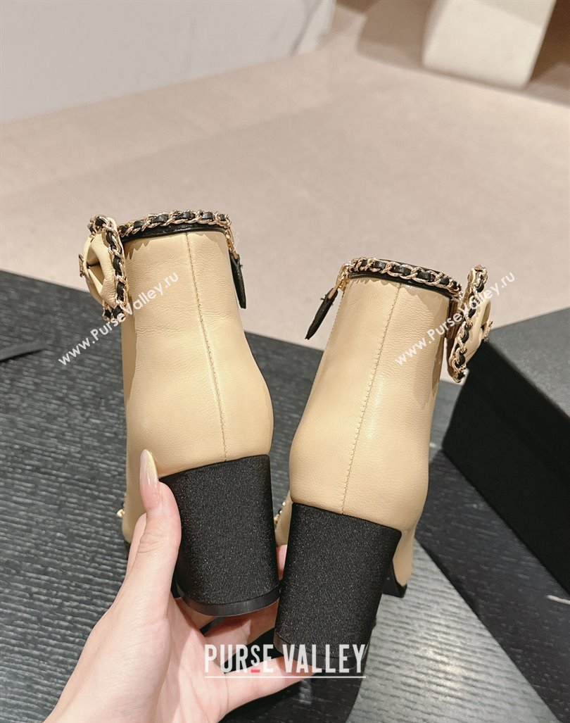 Chanel Calfskin Heel Ankle Boots with Chain and Bow Beige 2024 081684 (MD-240816086)