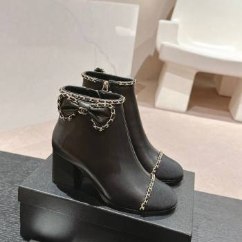 Chanel Calfskin Heel Ankle Boots with Chain and Bow Black 2024 081684 (MD-240816087)