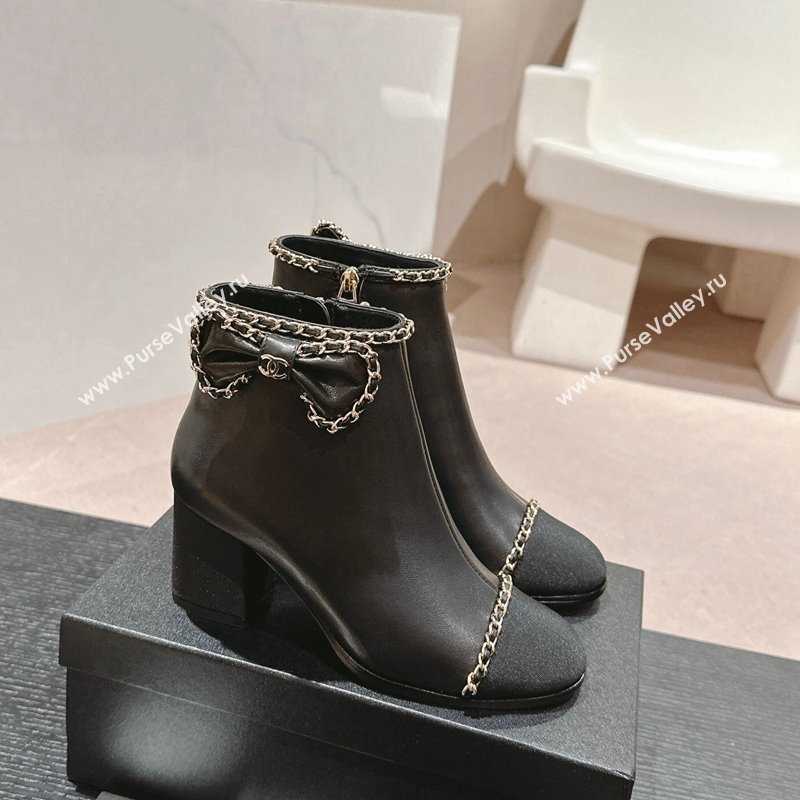 Chanel Calfskin Heel Ankle Boots with Chain and Bow Black 2024 081684 (MD-240816087)