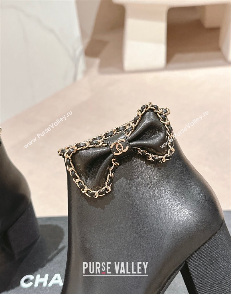 Chanel Calfskin Heel Ankle Boots with Chain and Bow Black 2024 081684 (MD-240816087)