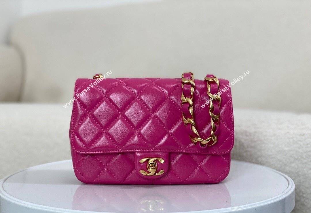 Chanel Shiny Lambskin Small Flap bag with Thick Chain Fuchsia Pink 2024 AS5027 (SM-240829070)