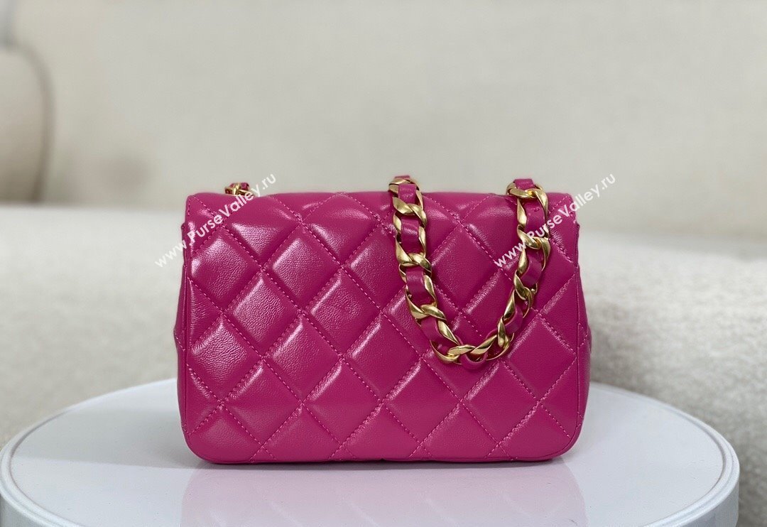 Chanel Shiny Lambskin Small Flap bag with Thick Chain Fuchsia Pink 2024 AS5027 (SM-240829070)