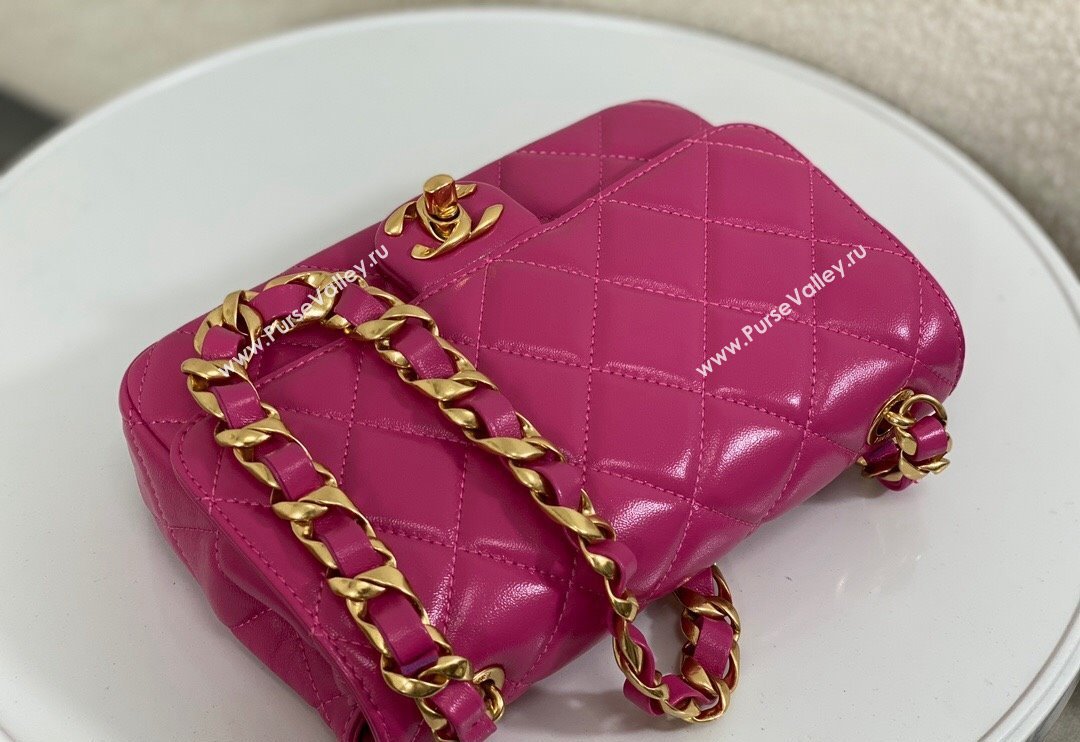 Chanel Shiny Lambskin Small Flap bag with Thick Chain Fuchsia Pink 2024 AS5027 (SM-240829070)