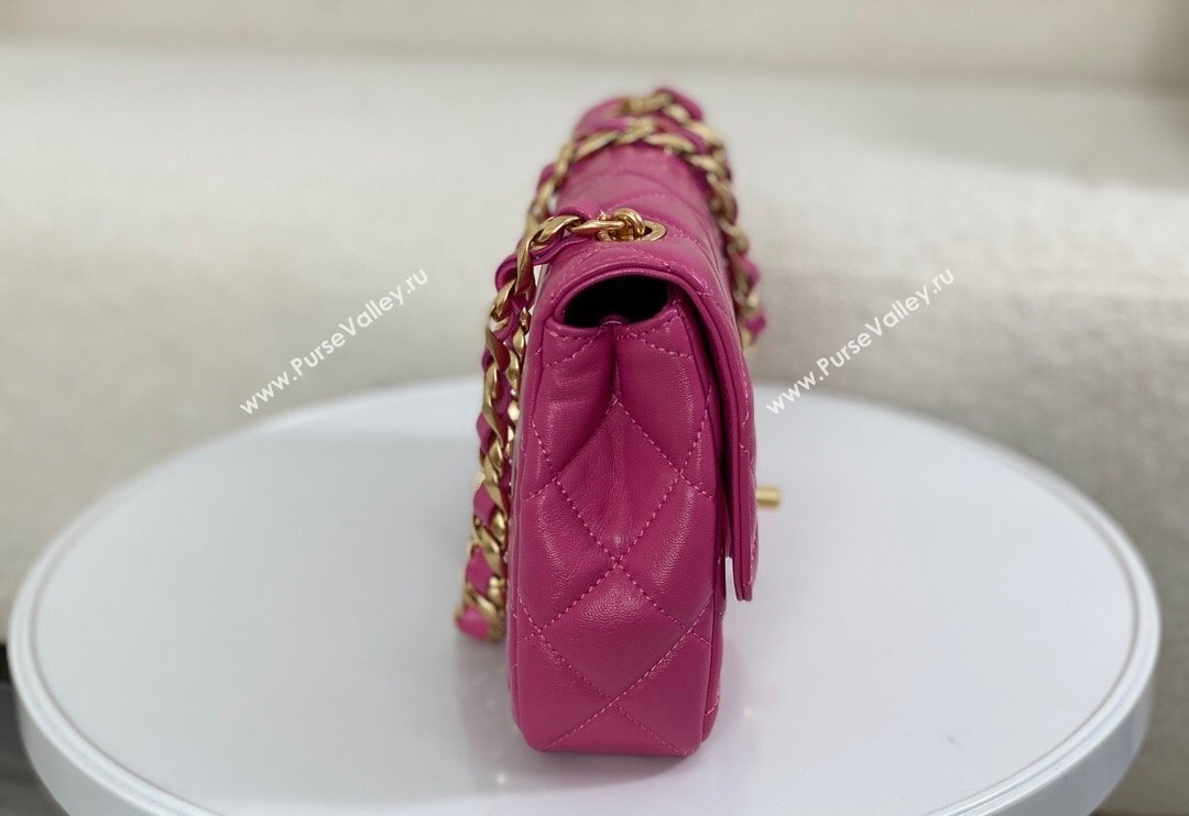 Chanel Shiny Lambskin Flap bag with Thick Chain Fuchsia Pink 2024 AS6300 (SM-240829071)