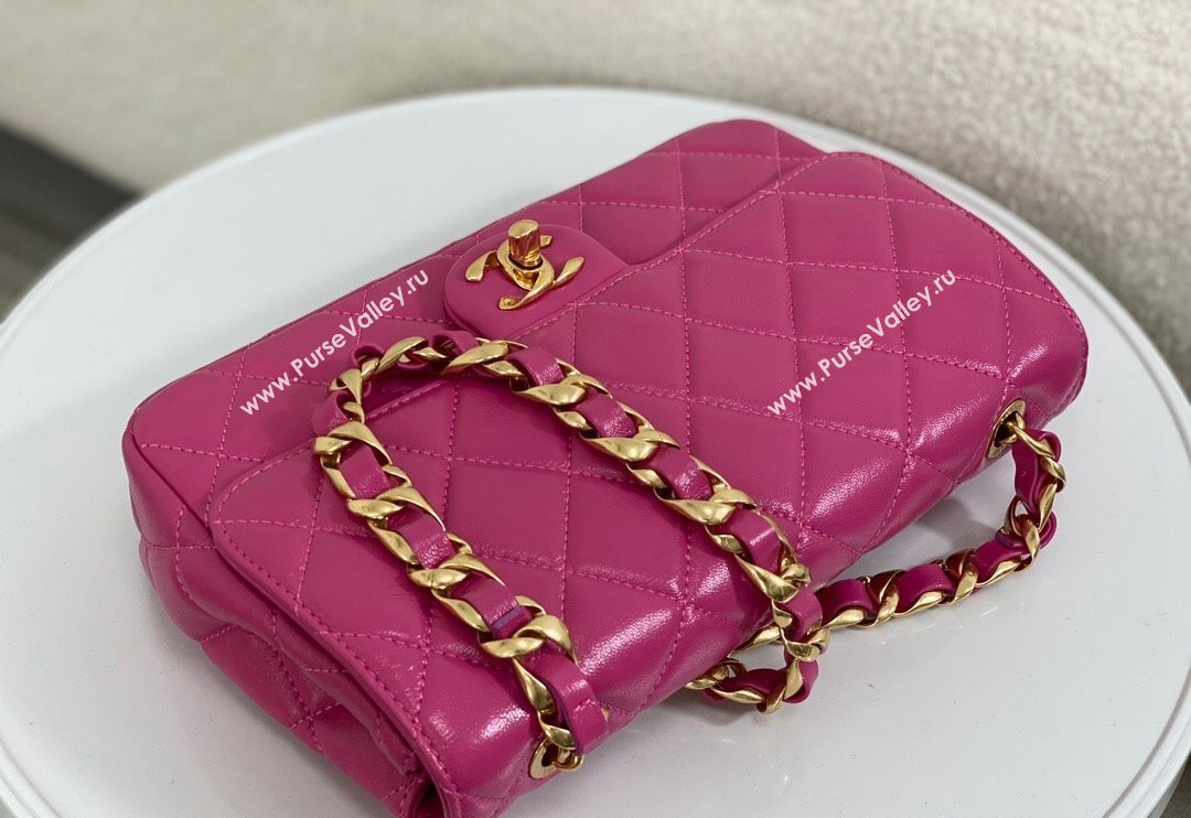 Chanel Shiny Lambskin Flap bag with Thick Chain Fuchsia Pink 2024 AS6300 (SM-240829071)