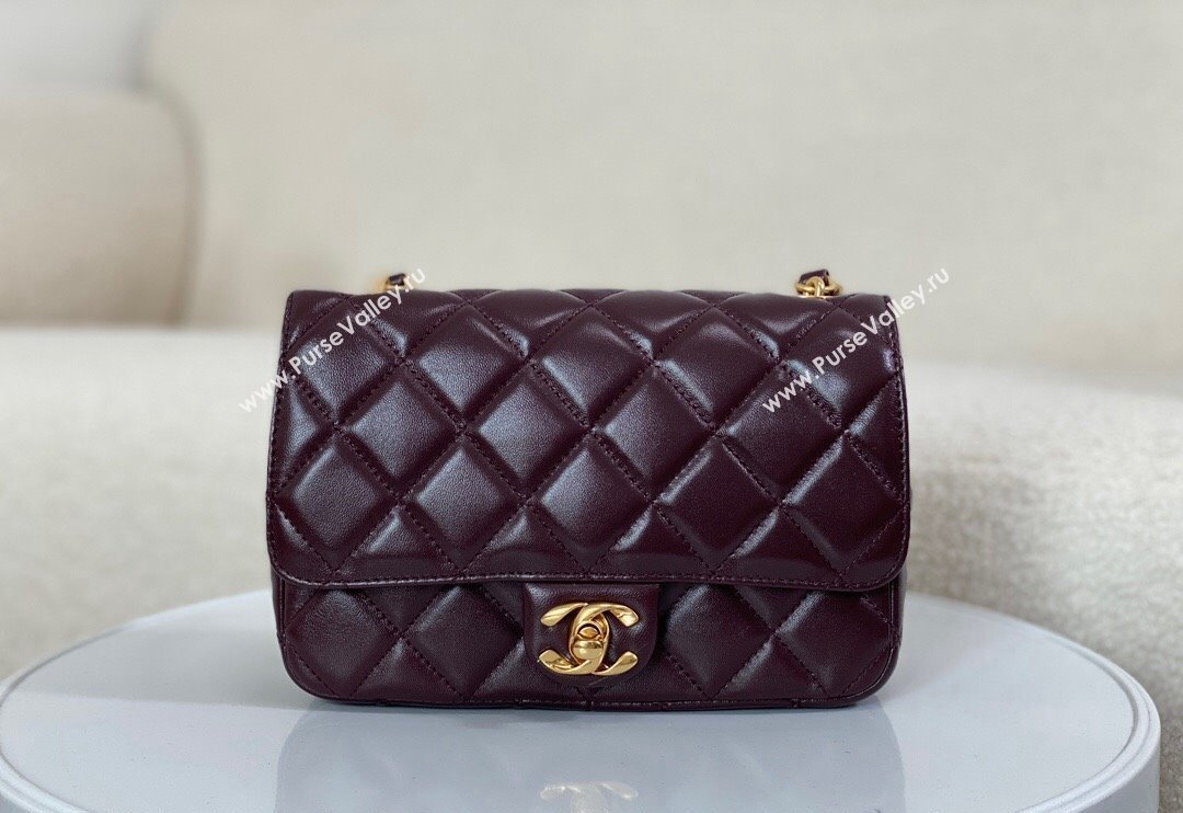 Chanel Shiny Lambskin Small Flap bag with Thick Chain Dark Burgundy 2024 AS5027 (SM-240829072)