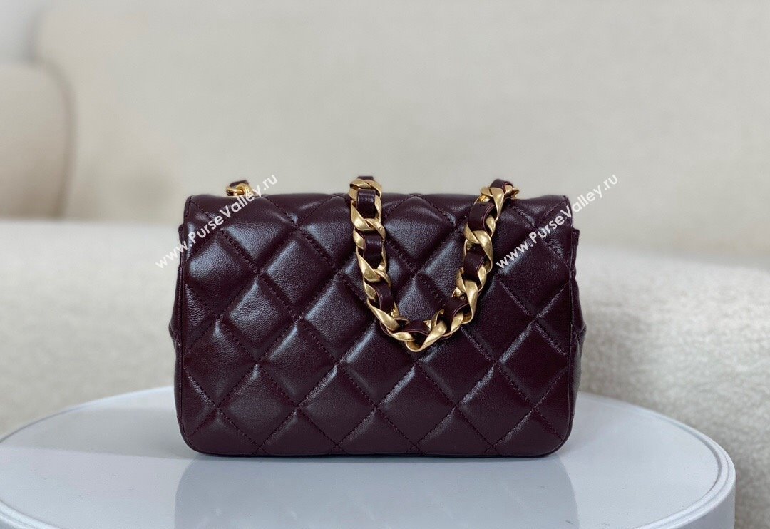 Chanel Shiny Lambskin Small Flap bag with Thick Chain Dark Burgundy 2024 AS5027 (SM-240829072)