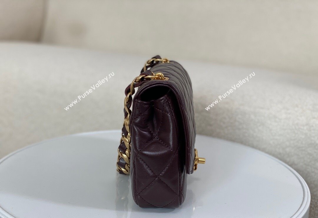 Chanel Shiny Lambskin Small Flap bag with Thick Chain Dark Burgundy 2024 AS5027 (SM-240829072)