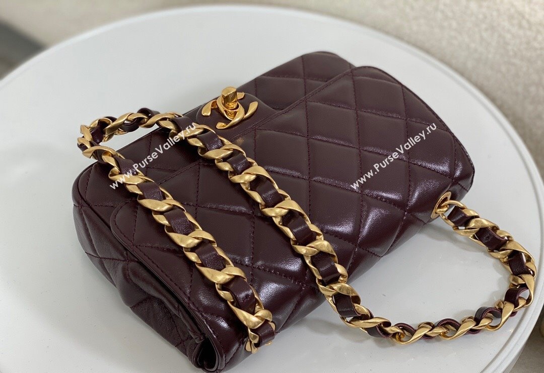 Chanel Shiny Lambskin Small Flap bag with Thick Chain Dark Burgundy 2024 AS5027 (SM-240829072)