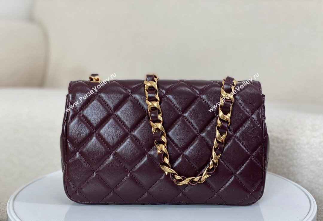 Chanel Shiny Lambskin Flap bag with Thick Chain Dark Burgundy 2024 AS6300 (SM-240829073)