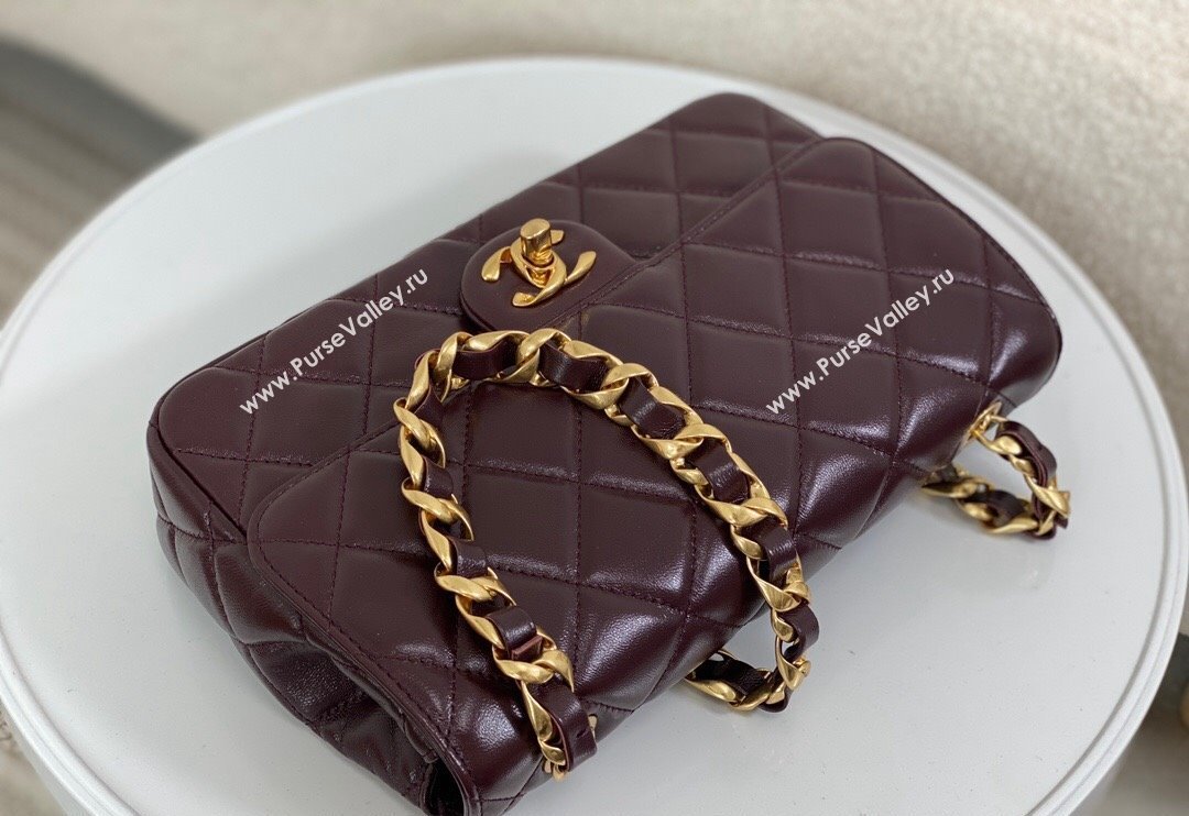 Chanel Shiny Lambskin Flap bag with Thick Chain Dark Burgundy 2024 AS6300 (SM-240829073)