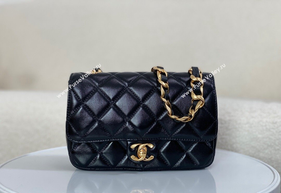 Chanel Shiny Lambskin Small Flap bag with Thick Chain Black 2024 AS5027 (SM-240829074)