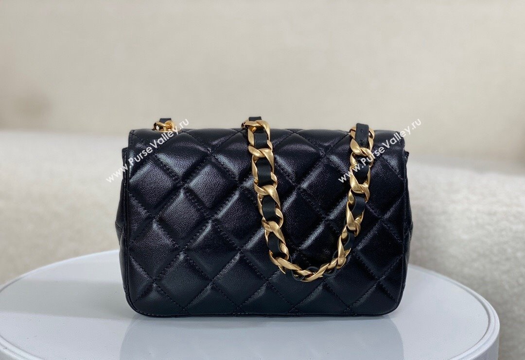 Chanel Shiny Lambskin Small Flap bag with Thick Chain Black 2024 AS5027 (SM-240829074)