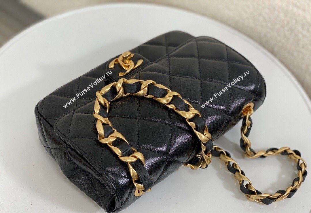 Chanel Shiny Lambskin Small Flap bag with Thick Chain Black 2024 AS5027 (SM-240829074)