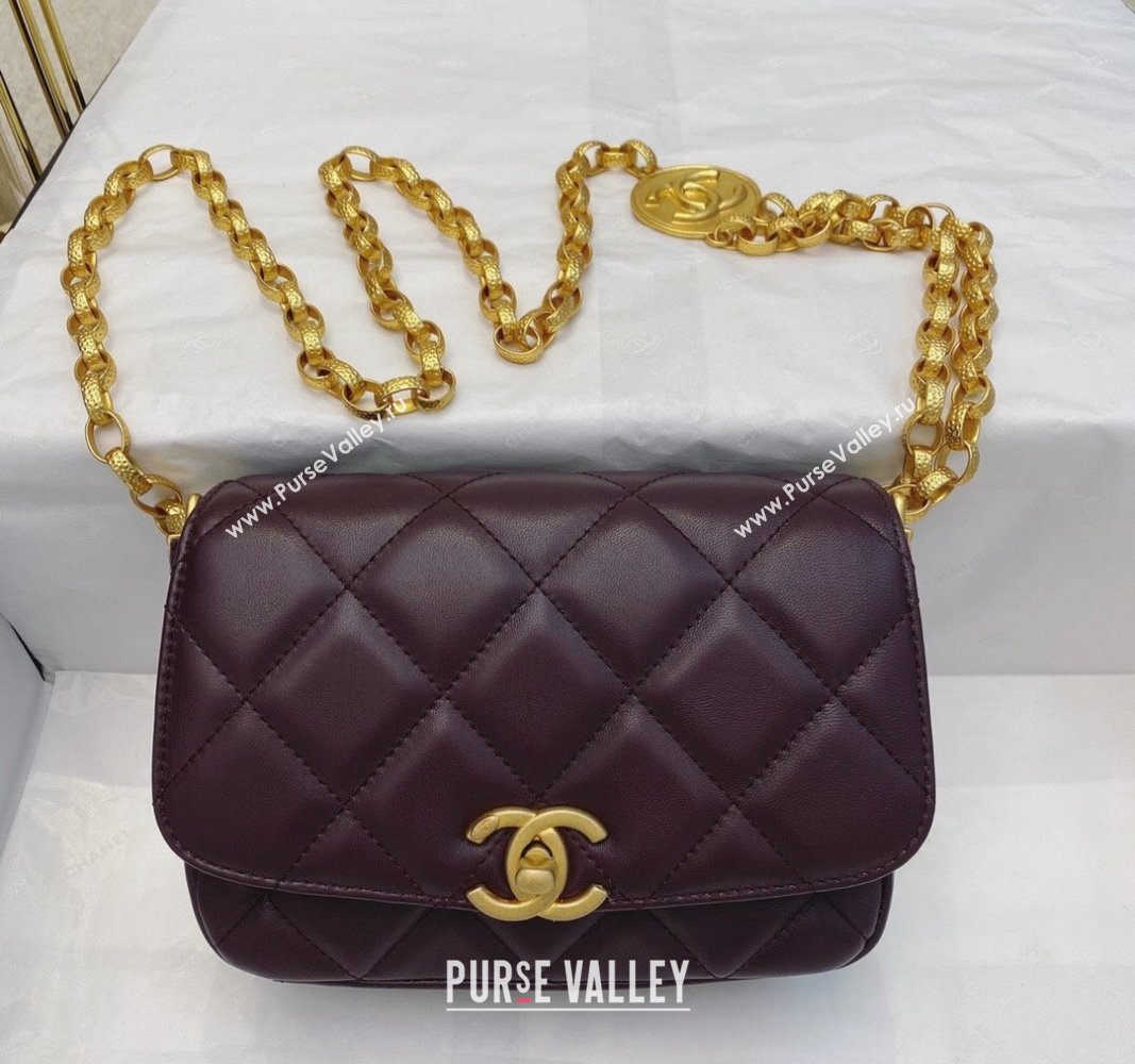 Chanel Lambskin Small Flap bag with Coin Charm Dark Burgundy 2024 AS2189 (SM-240829083)