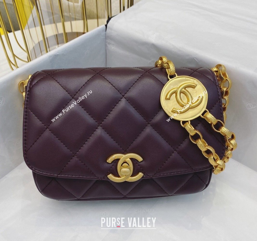 Chanel Lambskin Small Flap bag with Coin Charm Dark Burgundy 2024 AS2189 (SM-240829083)