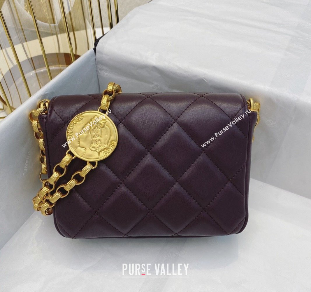 Chanel Lambskin Small Flap bag with Coin Charm Dark Burgundy 2024 AS2189 (SM-240829083)