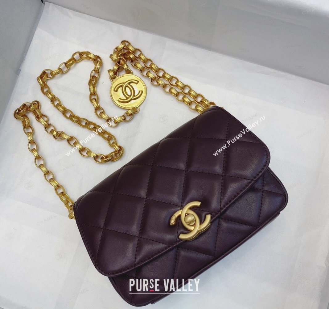 Chanel Lambskin Small Flap bag with Coin Charm Dark Burgundy 2024 AS2189 (SM-240829083)