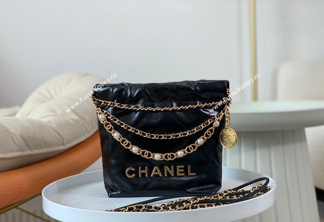 Chanel 22 Mini Bag in Shiny Calfskin AS3980 Black/Pearls 2024 0829 (SM-240829088)