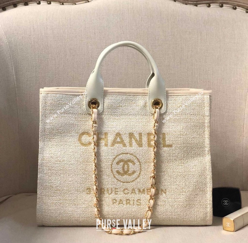 Chanel Deauville Mixed Fibers and Calfskin Shopping Bag A66941 Beige/White 2024 0829 (YD-240829089)