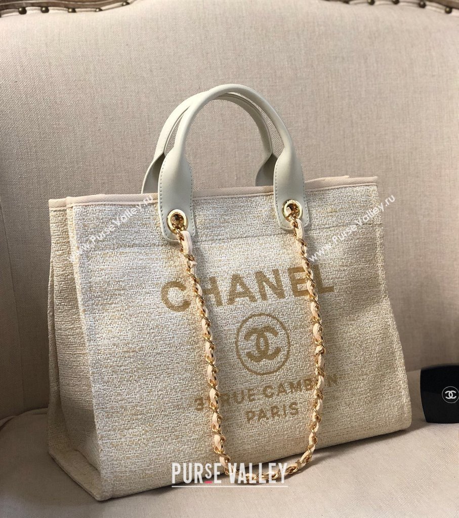 Chanel Deauville Mixed Fibers and Calfskin Shopping Bag A66941 Beige/White 2024 0829 (YD-240829089)