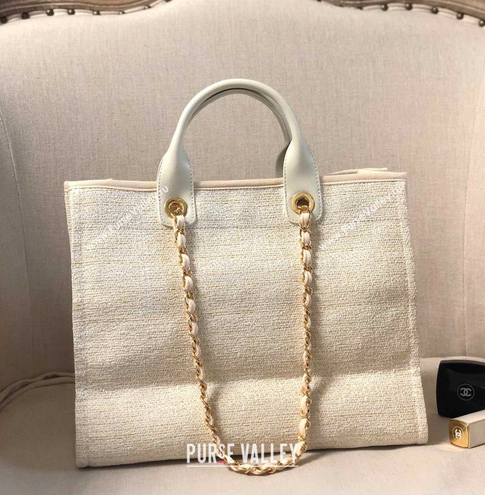 Chanel Deauville Mixed Fibers and Calfskin Shopping Bag A66941 Beige/White 2024 0829 (YD-240829089)