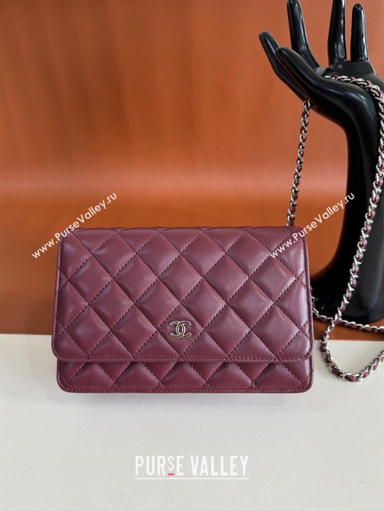 Chanel Lambskin Classic Wallet on Chain WOC Dark Burgundy/Silver 2024 0829 (YD-240829094)