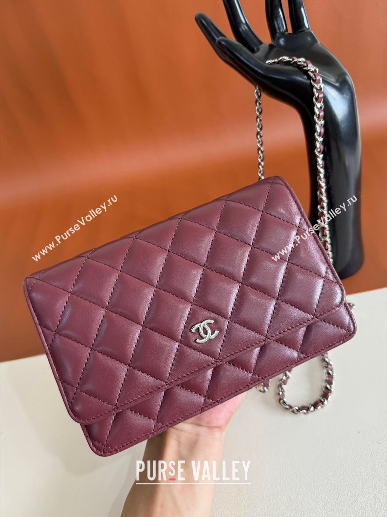 Chanel Lambskin Classic Wallet on Chain WOC Dark Burgundy/Silver 2024 0829 (YD-240829094)