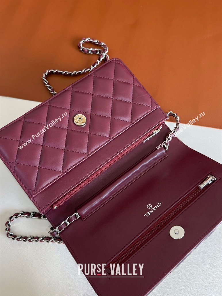 Chanel Lambskin Classic Wallet on Chain WOC Dark Burgundy/Silver 2024 0829 (YD-240829094)