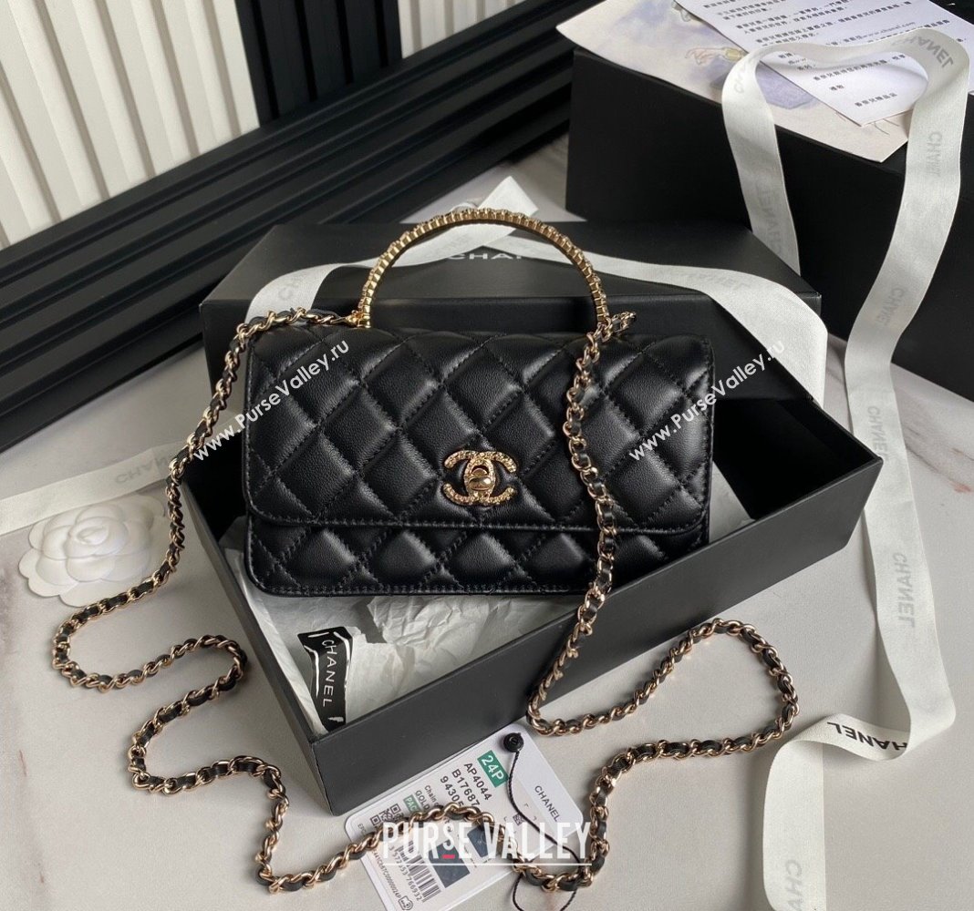 Chanel Lambskin Clutch with Chain and Strass Top Handle AP4044 Black 2024 (yezi-240830004)