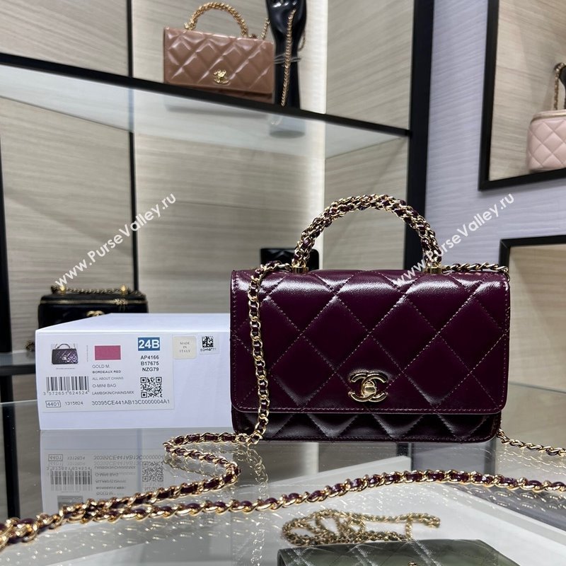 Chanel Lambskin Wallet on Chain WOC with Top Handle AP4166 Dark Burgundy 2024 (yezi-240830008)