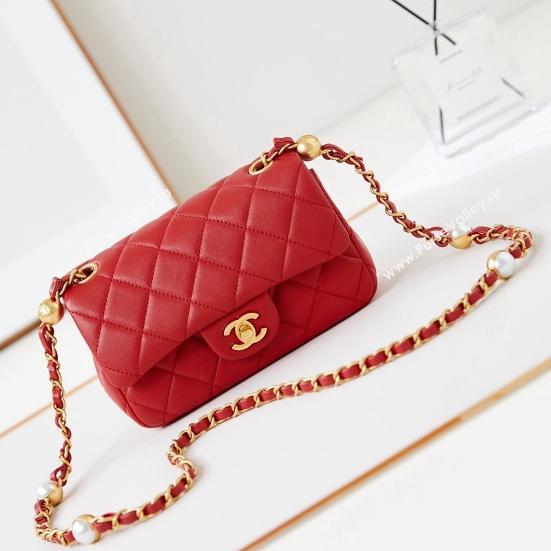 Chanel Shiny Lambskin Mini Flap Bag with Metal Pearl Red 2024 AS4947 (yezi-240830060)