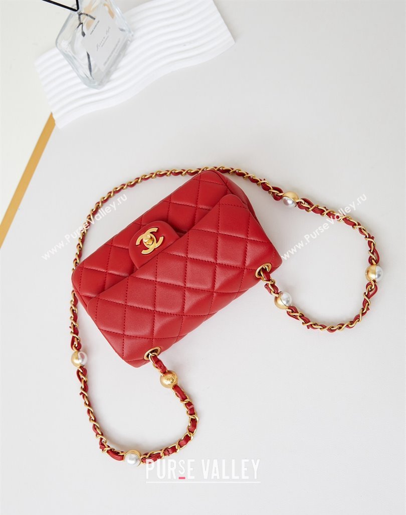 Chanel Shiny Lambskin Mini Flap Bag with Metal Pearl Red 2024 AS4947 (yezi-240830060)