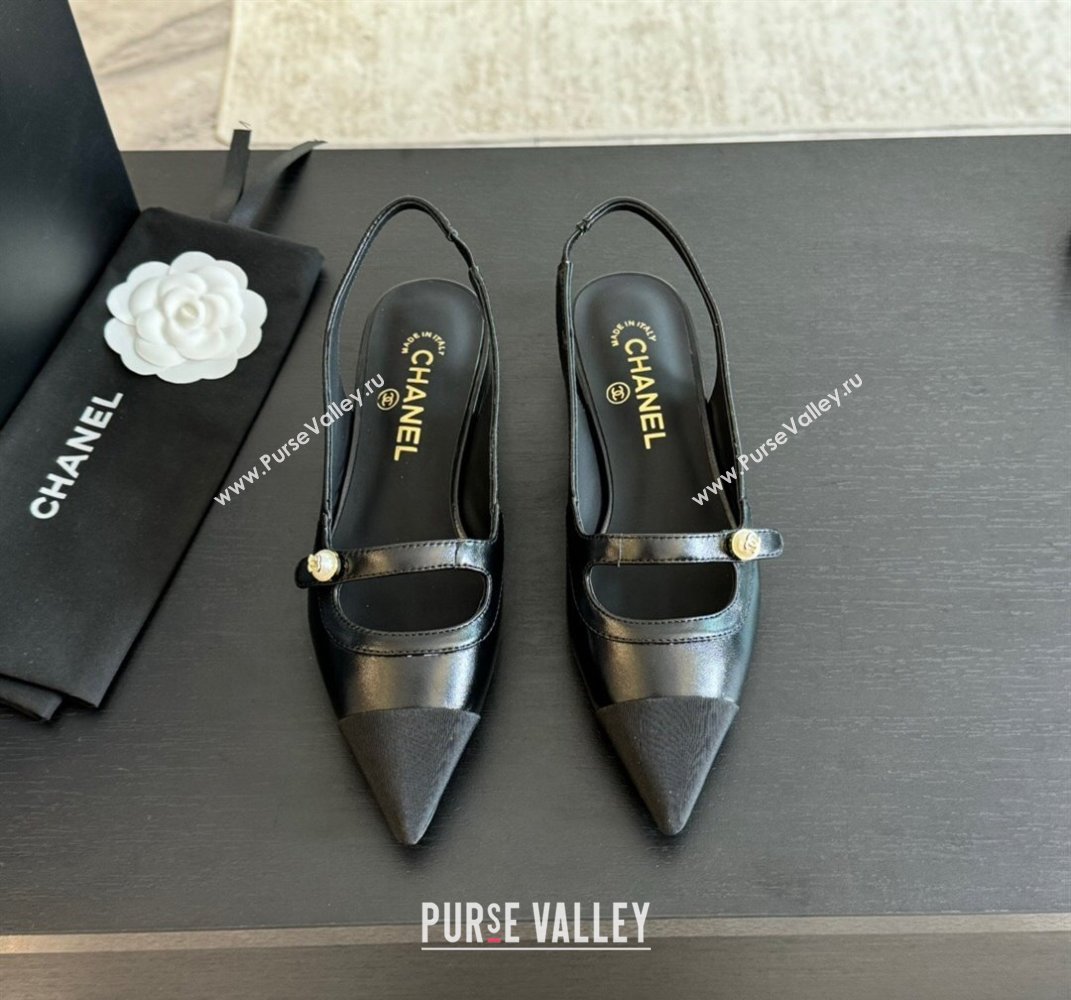 Chanel Lambskin Slingback Flats Shoes with Pearl Strap Black 2024 CH091014 (SS-240910087)