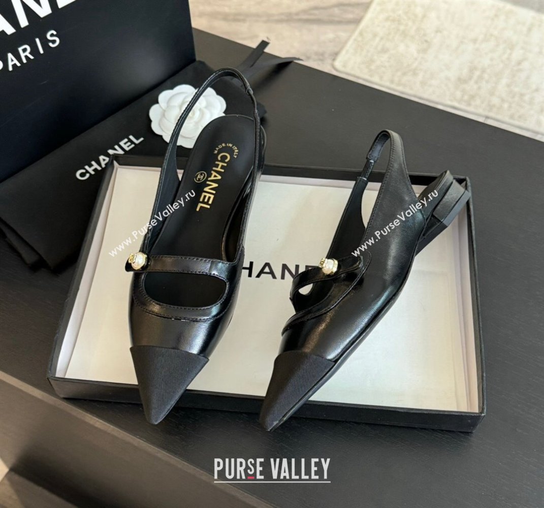 Chanel Lambskin Slingback Flats Shoes with Pearl Strap Black 2024 CH091014 (SS-240910087)