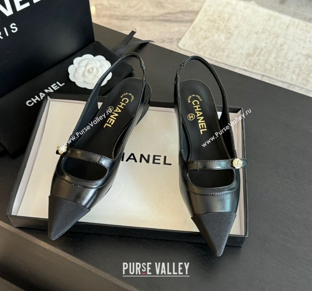 Chanel Lambskin Slingback Flats Shoes with Pearl Strap Black 2024 CH091014 (SS-240910087)