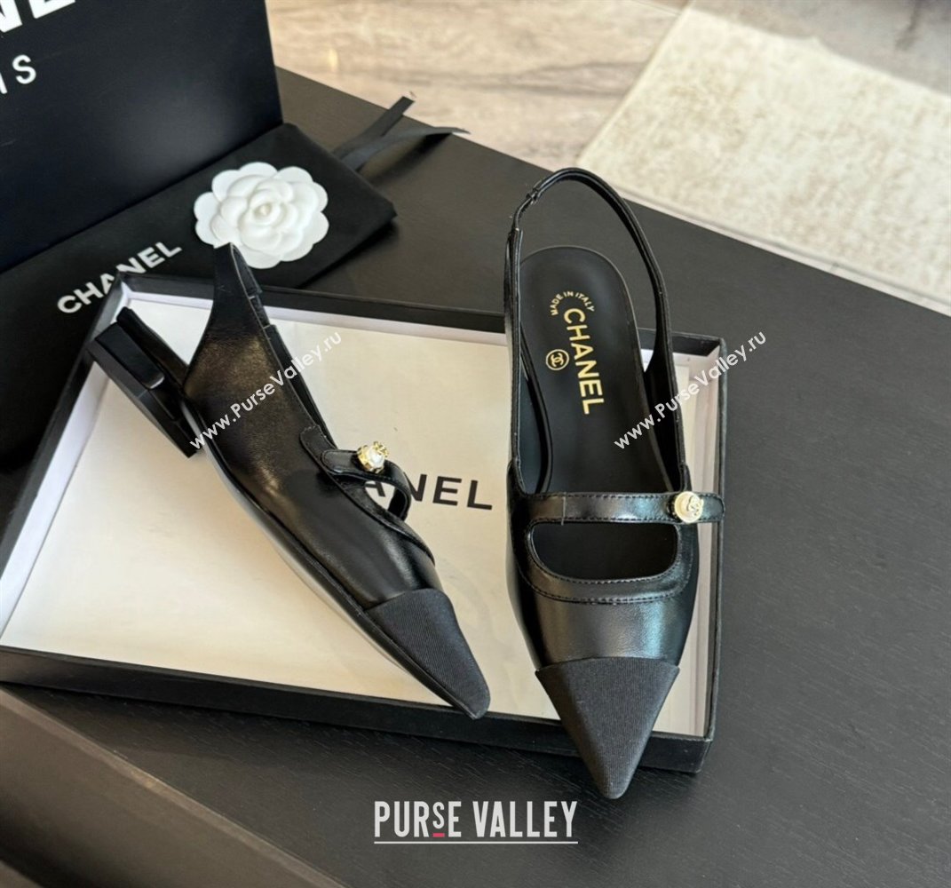 Chanel Lambskin Slingback Flats Shoes with Pearl Strap Black 2024 CH091014 (SS-240910087)