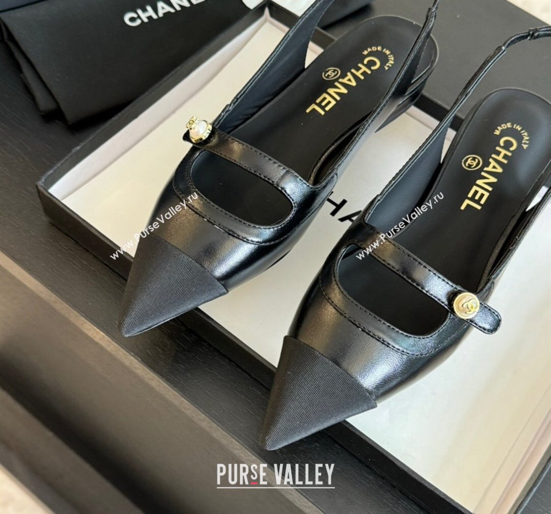 Chanel Lambskin Slingback Flats Shoes with Pearl Strap Black 2024 CH091014 (SS-240910087)