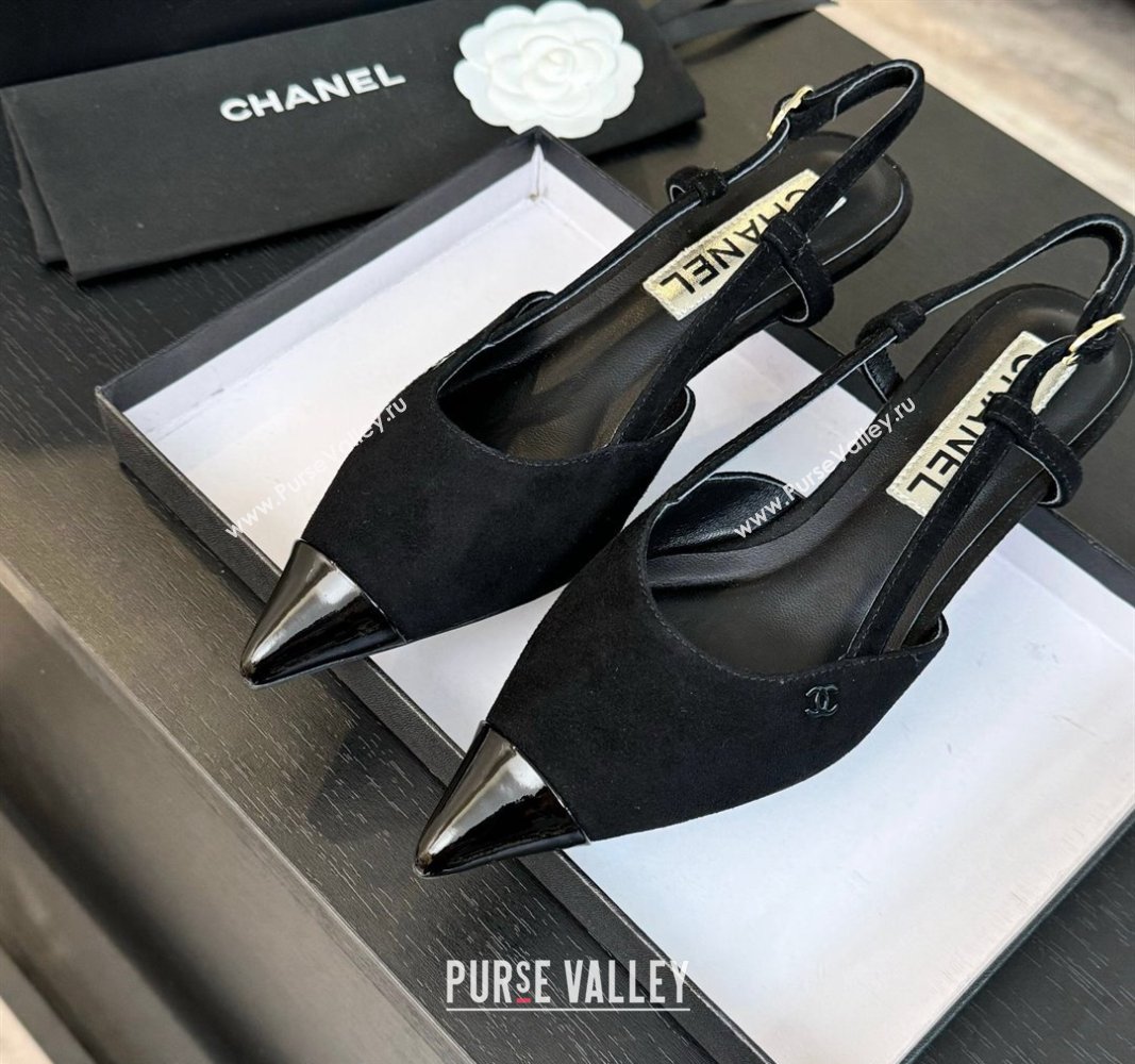 Chanel Suede Pointed Slingback Pumps 3.5cm Black 2024 CH091012 (SS-240910072)