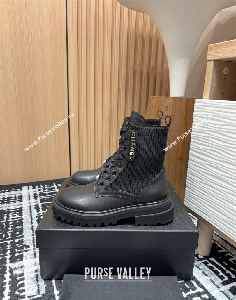 Chanel Calfskin Leather Knit Lace-up Platform Ankle Boots Black 2024 CH091017 (KL-240910094)