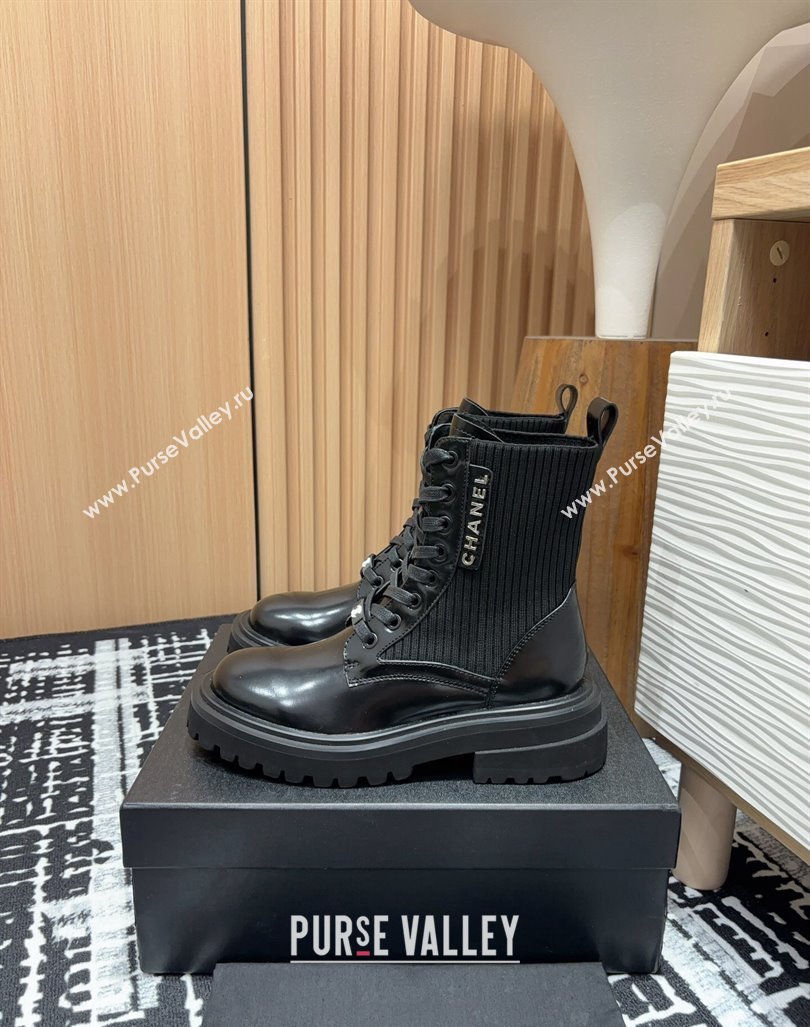 Chanel Shiny Calfskin Knit Lace-up Platform Ankle Boots Black 2024 CH091017 (KL-240910095)