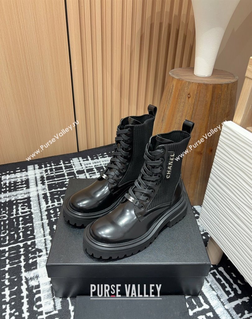 Chanel Shiny Calfskin Knit Lace-up Platform Ankle Boots Black 2024 CH091017 (KL-240910095)