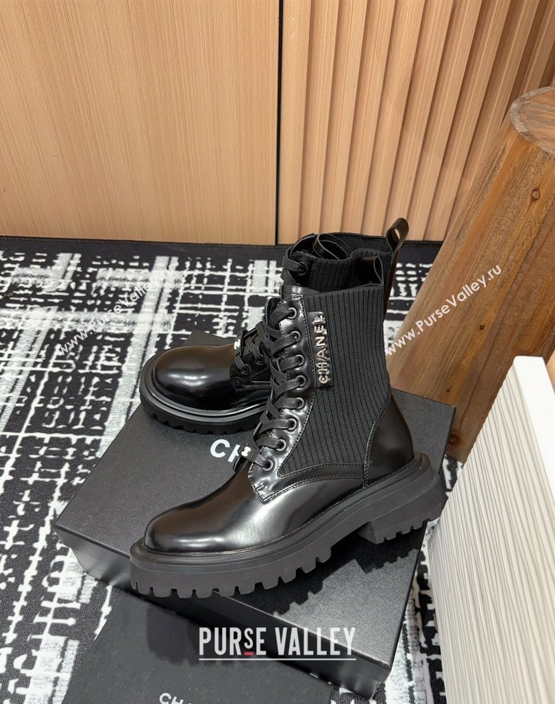 Chanel Shiny Calfskin Knit Lace-up Platform Ankle Boots Black 2024 CH091017 (KL-240910095)