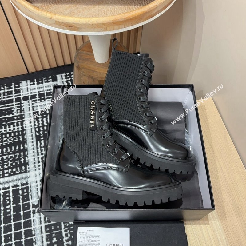 Chanel Shiny Calfskin Knit Lace-up Platform Ankle Boots Black 2024 CH091017 (KL-240910095)